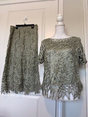 Silken Poetry Sage Green Lace Top Skirt Set Size XL/M Suit Handcrafted 100% Silk